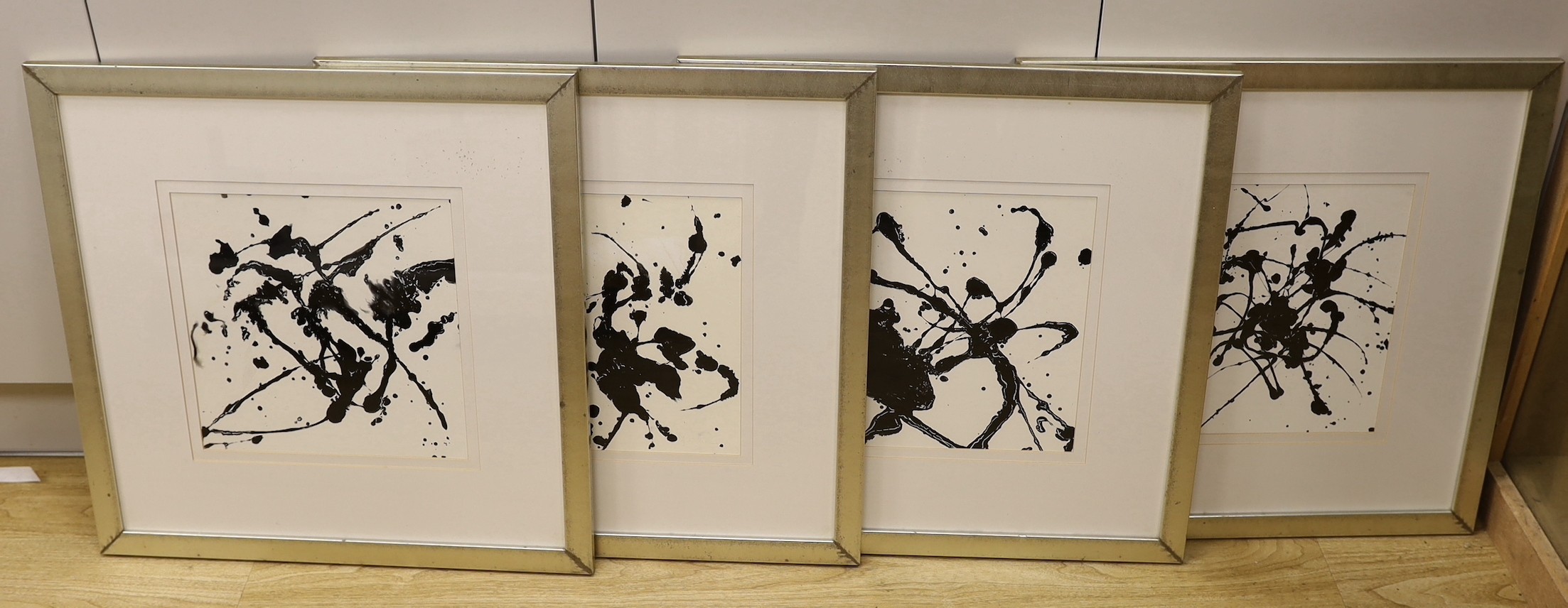 Albert Williams, four acrylics on card, Abstracts, labels verso, 30 x 30cm